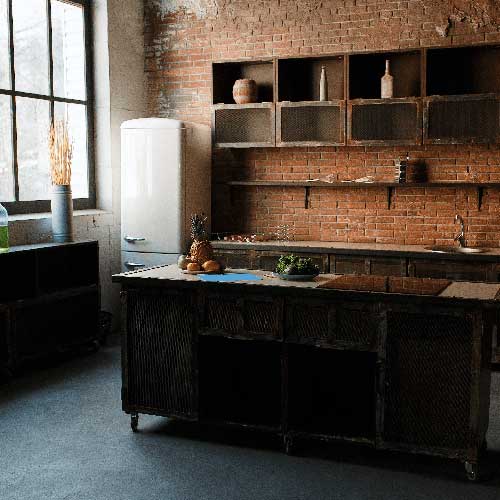 rustic kitchen with exposed brick